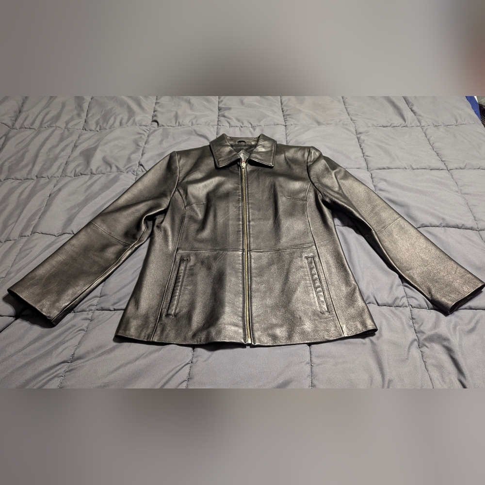 TIBOA LEATHERS Black Leather Biker Jacket Zipper Closure Women's size Large